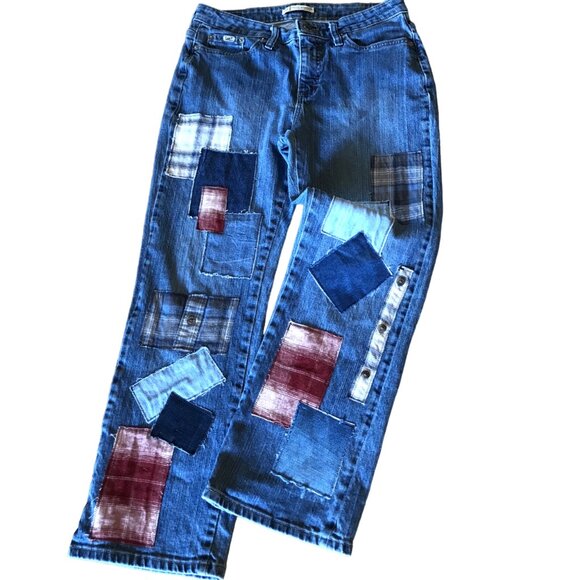 Upcycled Denim - Upcycled Flannel Patchwork Jeans, Distressed Denim & Plaid Patches, Size 10P